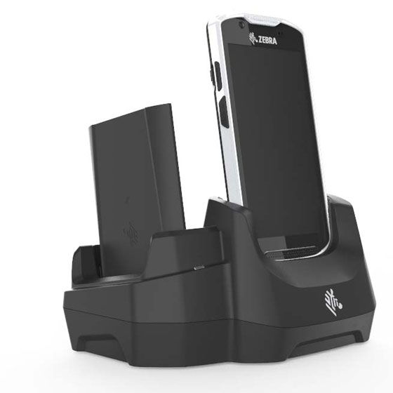 Single-slot and spare battery cradle kit with USB for TC5X devices.